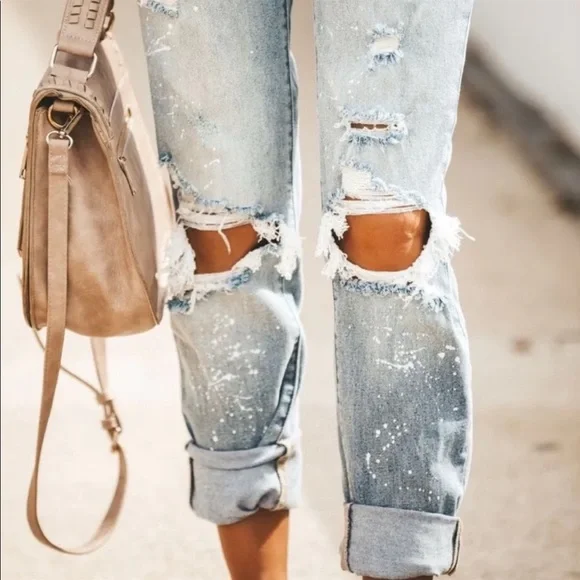 Brand New Distressed Denim Jeans Paint Splatter Relaxed Fit Boyfriend - Picture 6 of 10